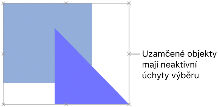 Uzamčené objekty s šedě zobrazenými úchyty výběru