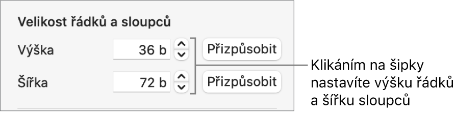 Ovládací prvky pro nastavení přesné velikosti řádků nebo sloupců