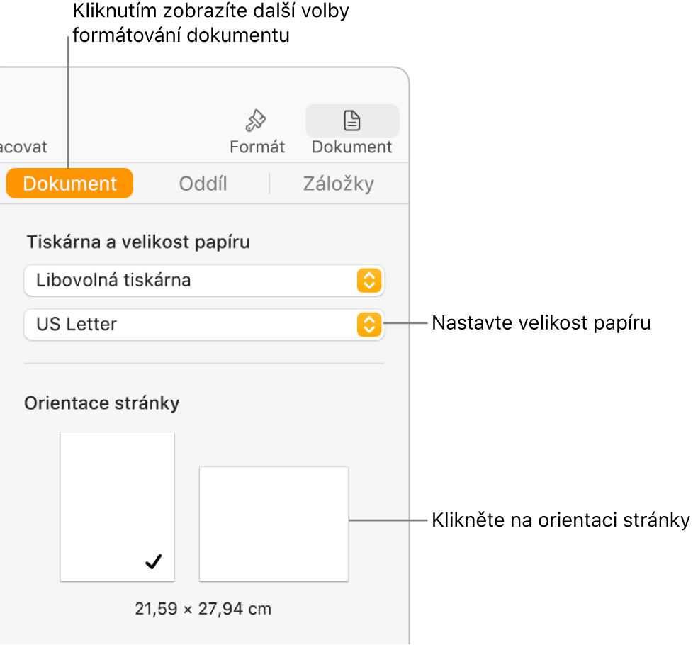 Boční panel Dokument; nahoře na panelu je vybraná karta Dokument. Na bočním panelu se nachází místní nabídka pro nastavení velikosti papíru a tlačítka pro orientaci stránky na výšku a na šířku