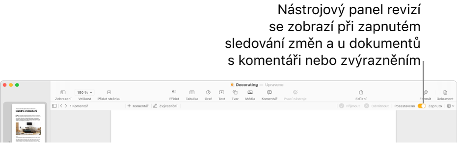 Panel nástrojů Pages se zapnutou funkcí sledování změn a pod ním panel nástrojů kontroly