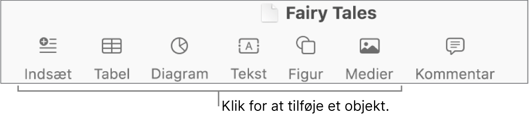 Værktøjslinjen i Pages med knapperne Indsæt, Tabel, Diagram, Tekst, Figur og Medier.