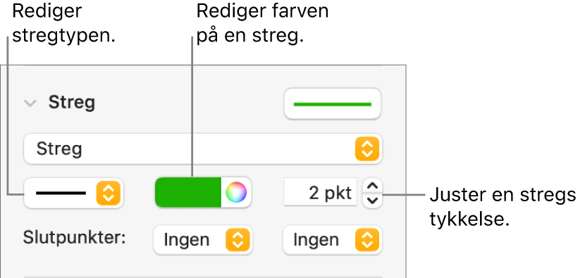 Betjeningsmulighederne til indstilling af slutpunkter, tykkelse og farve til streger.