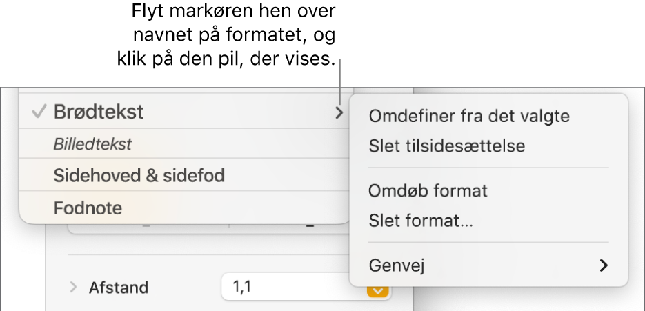 Menuen Afsnitsformater med åben genvejsmenu.