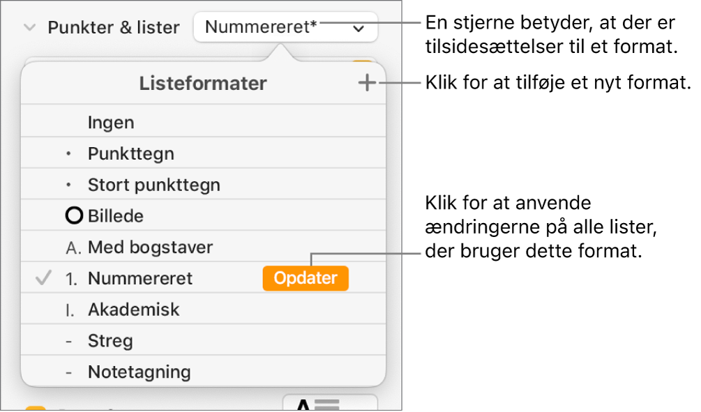 Lokalmenuen Listeformater med en stjerne, der viser en tilsidesættelse, en billedforklaring til knappen Nyt format og en undermenu med muligheder til styring af formater.