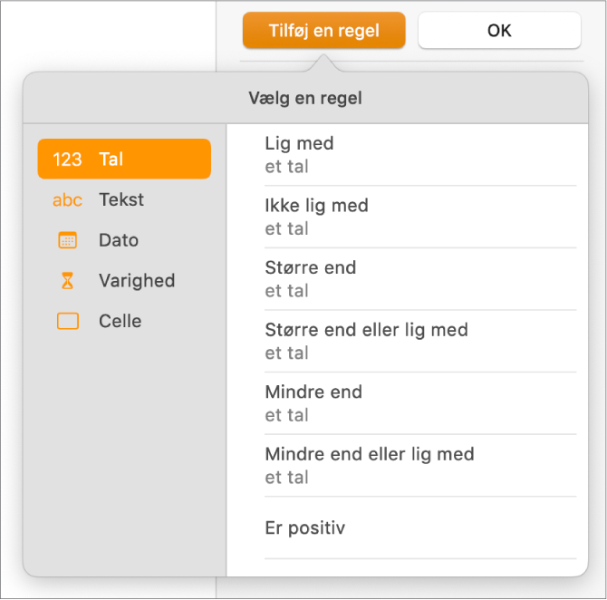 Knapper til oprettelse af regler til betinget markering af celler.