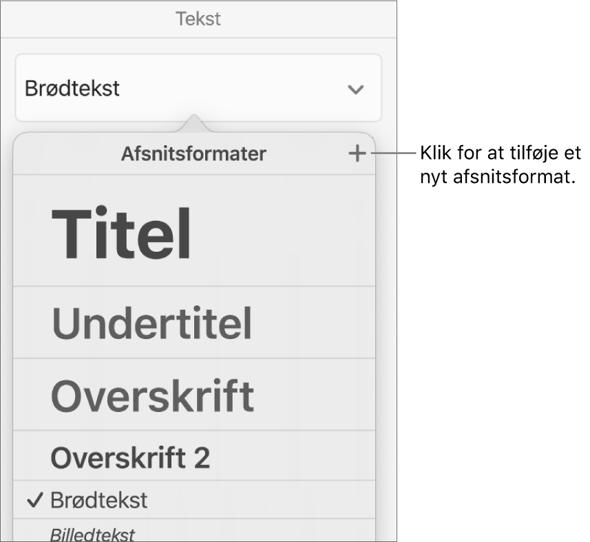 Menuen Afsnitsformater med billedforklaring til knappen Nyt format.