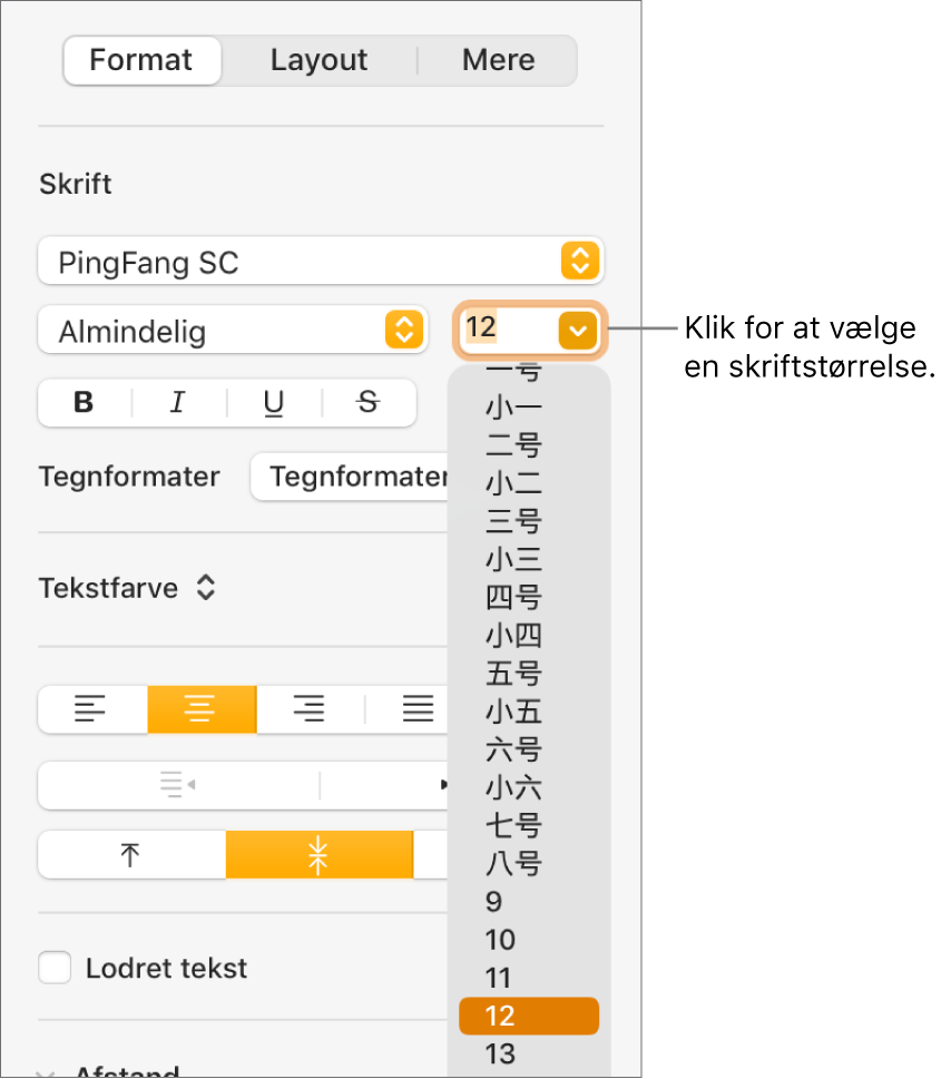 Afsnittet Format i indholdsoversigten Format med lokalmenuen Skriftstørrelse. De standardskriftstørrelser, der er fastlagt af regeringen i Kina, fastlandet, vises øverst på lokalmenuen efterfulgt af punktstørrelserne.