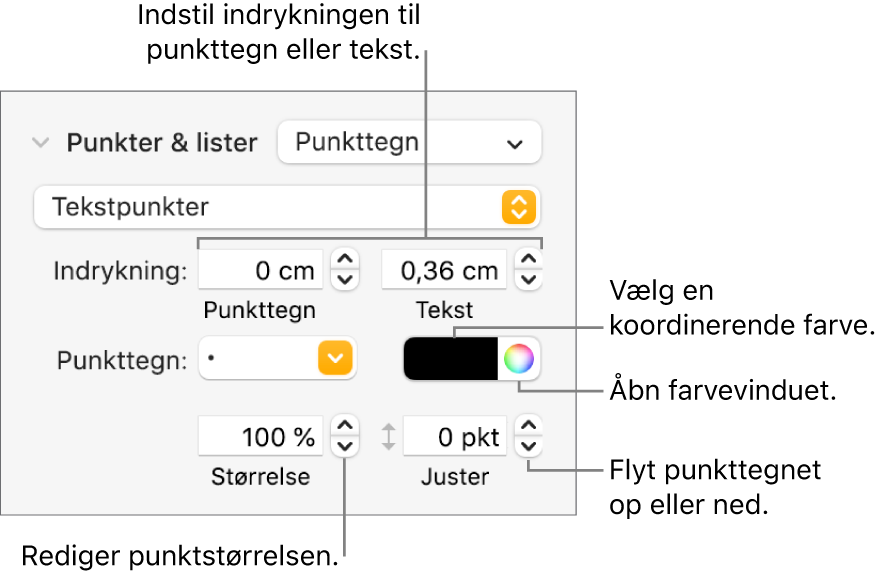 Punkter & lister med billedforklaringer til betjeningsmulighederne til indrykning af punkttegn og tekst, farve og størrelse på punkttegn og justering.