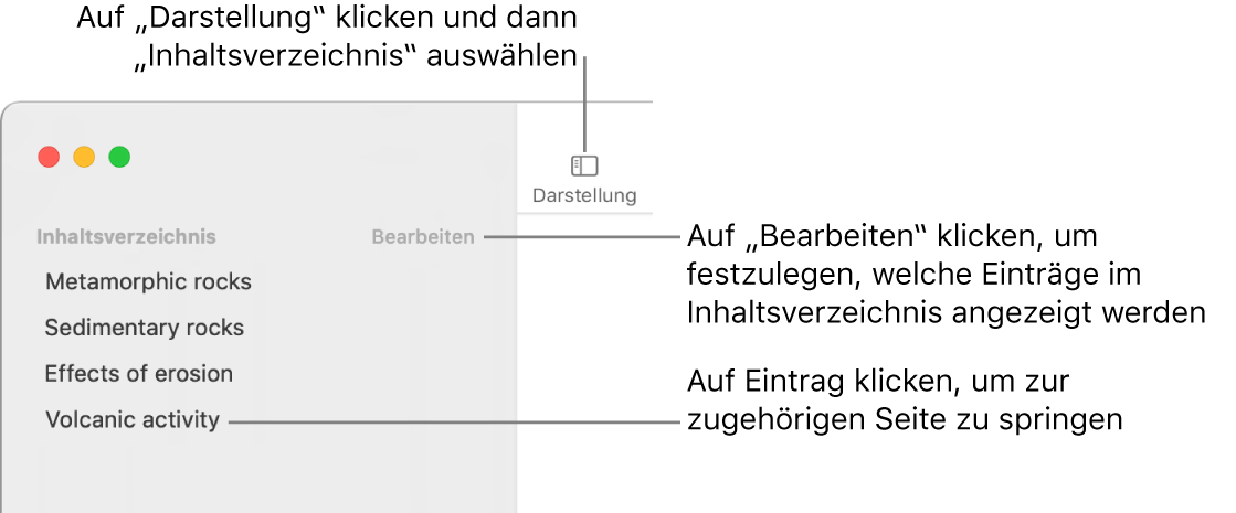 Das Inhaltsverzeichnis links im Fenster „Pages“ mit der Taste „Bearbeiten“ in der oberen rechten Ecke der Seitenleiste und dem Inhaltsverzeichnis in Listenform. Die Taste „Darstellung“ befindet sich über der Seitenleiste in der linken oberen Ecke der Pages-Symbolleiste.