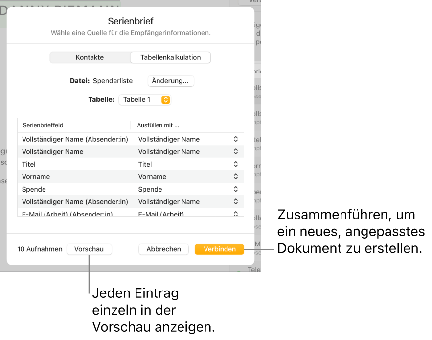 Der geöffnete Bereich „Serienbrief“ mit Optionen zum Ändern der Quelldatei oder -tabelle, Anzeigen einer Vorschau der Serienbrieffeld-Namen bzw. einzelner Einträge oder Erstellen des Serienbrief-Dokuments.