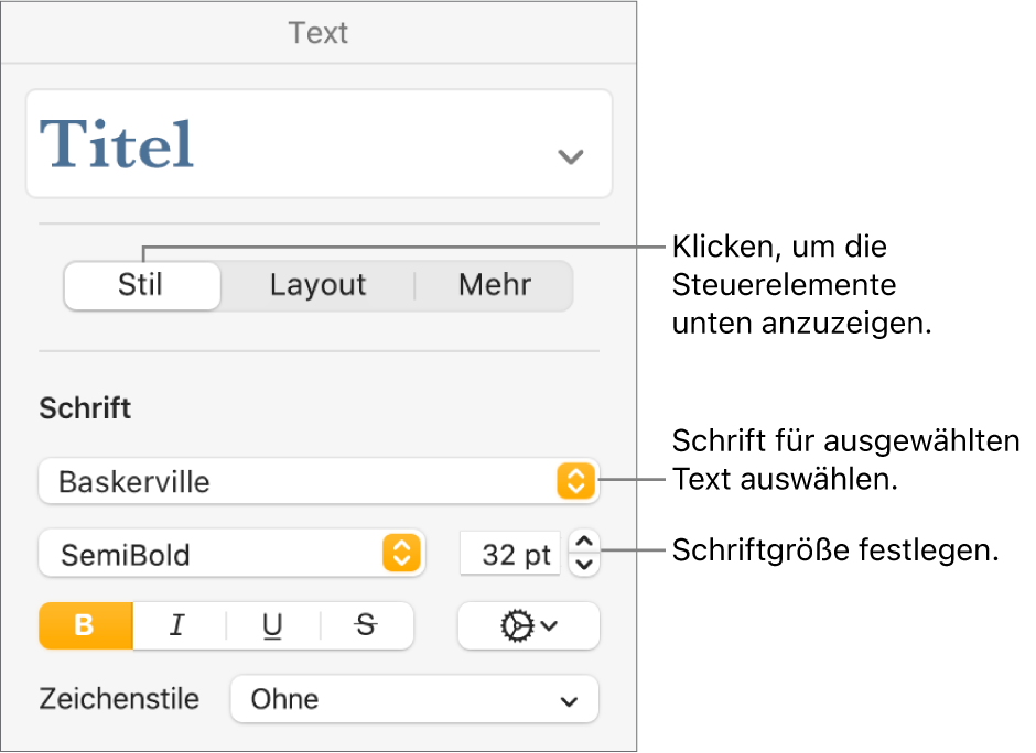 Textsteuerelemente im Abschnitt „Stil“ der Seitenleiste „Format“ zum Festlegen der Schrift und der Schriftgröße