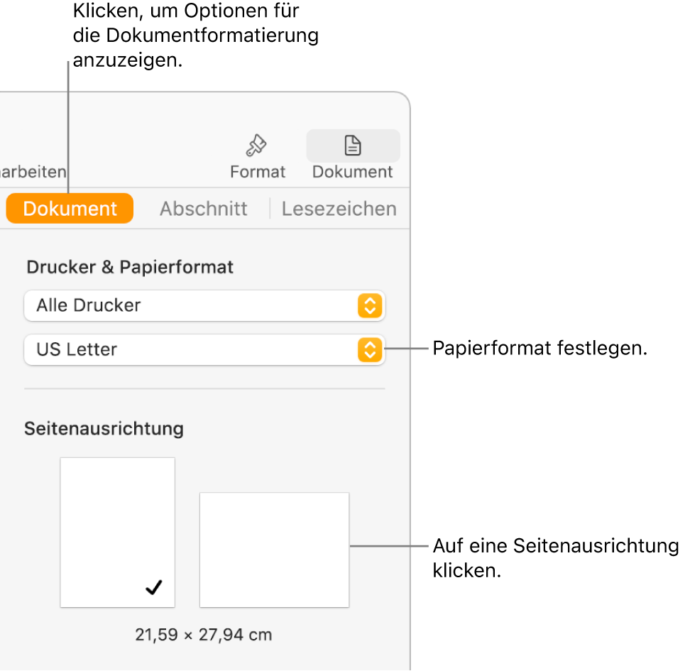 Oben in der Seitenleiste „Dokument“ ist der Tab „Dokument“ ausgewählt. In der Seitenleiste befinden sich ein Einblendmenü, das auf das Papierformat eingestellt ist, und Tasten für die Seitenausrichtung im Hochformat und Querformat.