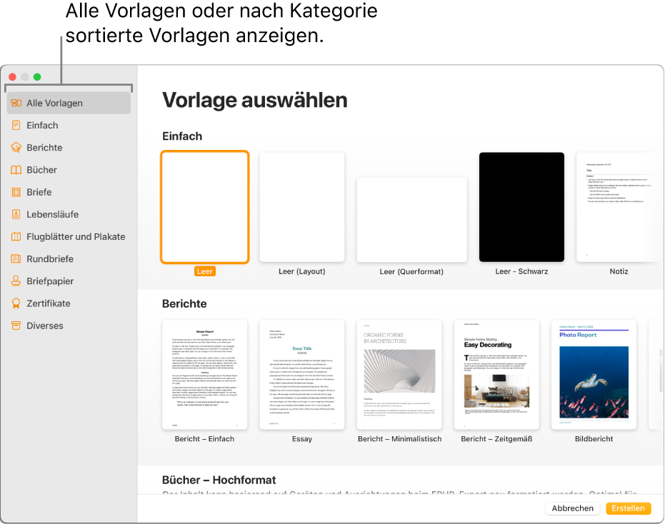 Die Vorlagenauswahl. In einer Seitenleiste links werden die Vorlagenkategorien aufgelistet, auf die du zum Filtern der Optionen klicken kannst. Rechts befinden sich die Miniaturen der vordefinierten Vorlagen in Zeilen nach Kategorie sortiert, angefangen bei „Neu“ oben und gefolgt von „Berichte“ und „Bücher“ im Hochformat. Das Einblendmenü „Sprache und Region“ ist links unten in der Ecke und die Tasten „Abbrechen“ und „Erstellen“ befinden sich rechts unten in der Ecke.