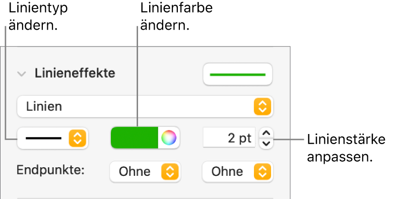 Steuerelemente zum Festlegen der Endpunkte, der Linienstärke und der Farbe