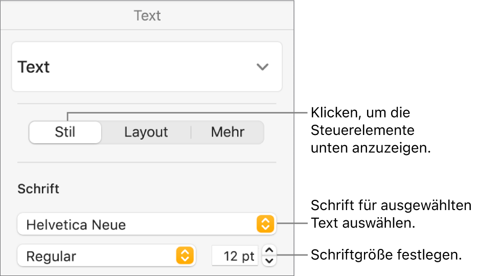 Textsteuerelemente im Abschnitt „Stil“ der Seitenleiste „Format“ zum Festlegen der Schrift und der Schriftgröße