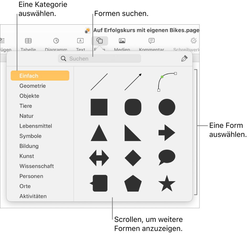 Die Formensammlung mit Kategorien auf der linken Seite und rechts angezeigten Formen Du kannst das oben angezeigte Suchfeld verwenden, um Formen zu finden. Durch Scrollen kannst du weitere Formen anzeigen.