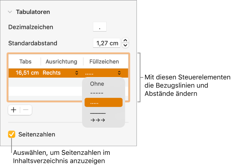 Der Abschnitt „Tabulatoren“ der Seitenleiste „Format“. Unterhalb des Bereichs „Standardabstand“ ist eine Tabelle mit den Spalten „Tabs“, „Ausrichtung“ und „Füllzeichen“ zu sehen. Unter der Tabelle wird das Feld „Seitenzahlen“ angezeigt, das hier ausgewählt ist.