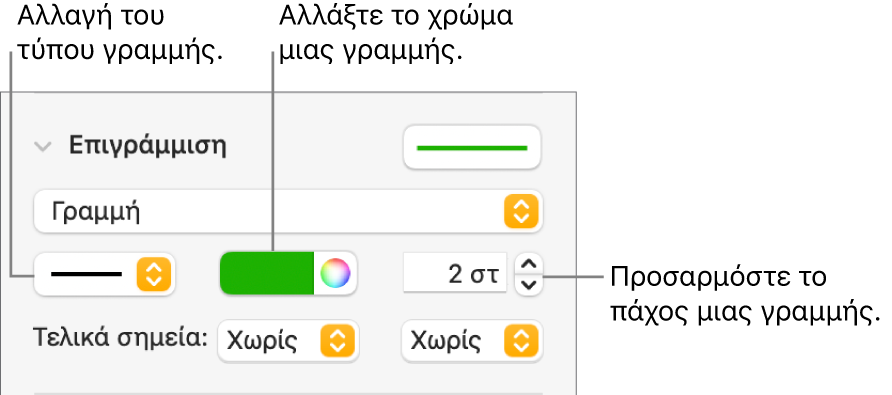 Τα στοιχεία ελέγχου περιγράμμισης για τον ορισμό τελικών σημείων, πάχους γραμμής και χρώματος.