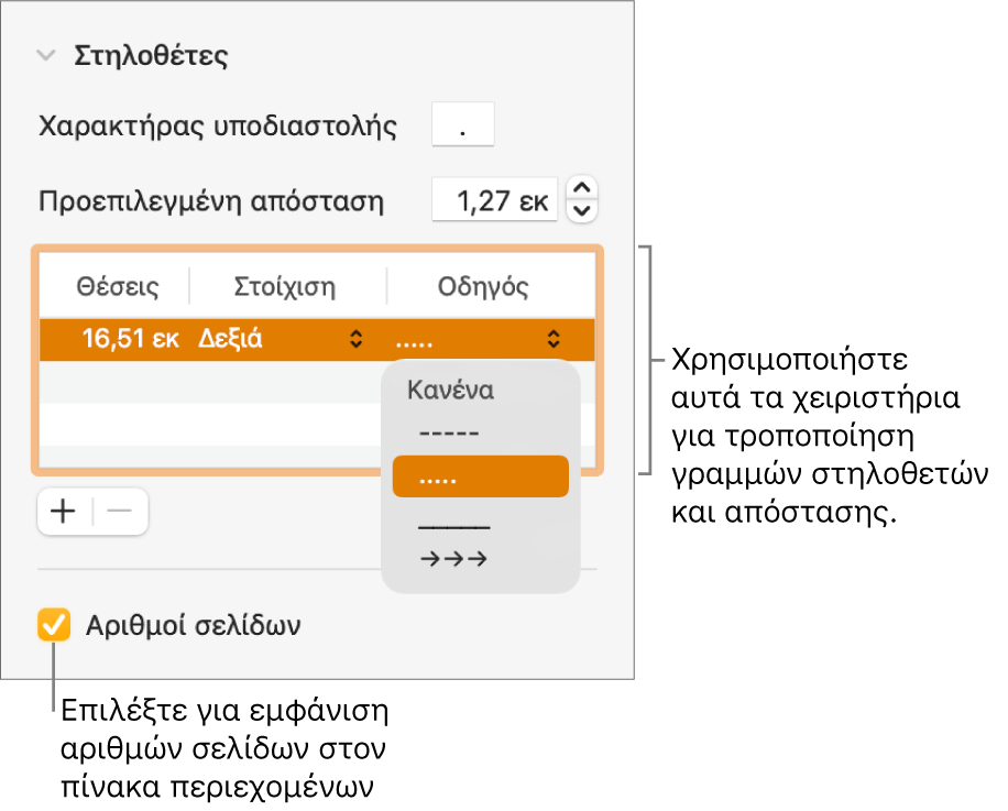 Η ενότητα «Στηλοθέτες» της πλαϊνής στήλης «Μορφή». Κάτω από την «Προεπιλεγμένη απόσταση» εμφανίζεται ένας πίνακας με στήλες «Θέσεις», «Στοίχιση» και «Οδηγός» Ένα πλαίσιο επιλογής «Αριθμοί σελίδων» εμφανίζεται επιλεγμένο κάτω από τον πίνακα.