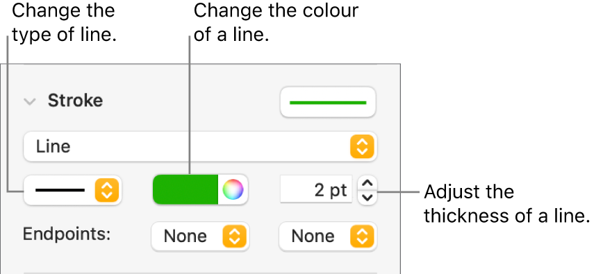 The stroke controls for setting end points, line thickness and colour.