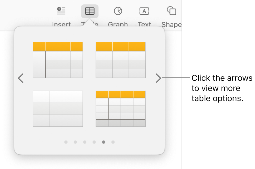 The Add Table menu with navigation arrows.