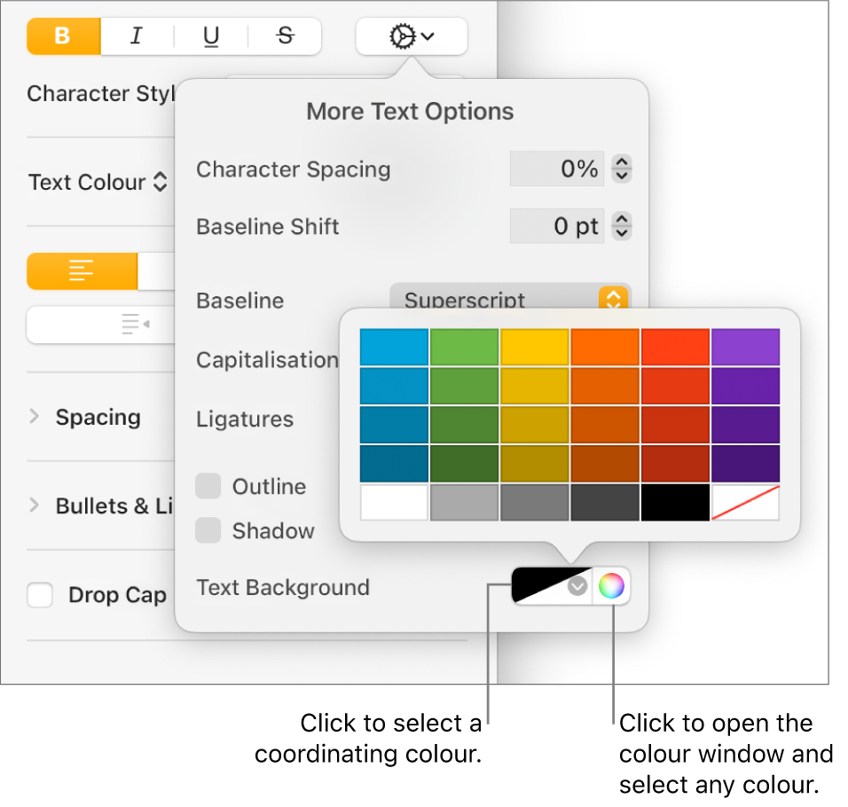 Controls for choosing a background colour for text.