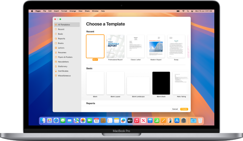 A MacBook Pro with the Pages template chooser open on the screen. The All Templates category is selected on the left and pre-designed templates appear on the right in rows by category.