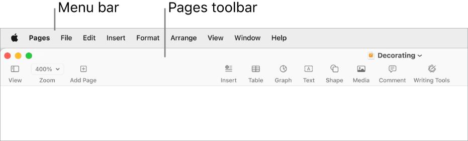 The menu bar at the top of the screen with Apple, Pages, File, Edit, Insert, Format, Arrange, View, Share, Window and Help menus. Below the menu bar is an open Pages document with toolbar buttons across the top for View, Zoom, Add Page, Insert, Table, Chart, Text, Shape, Media and Comment.