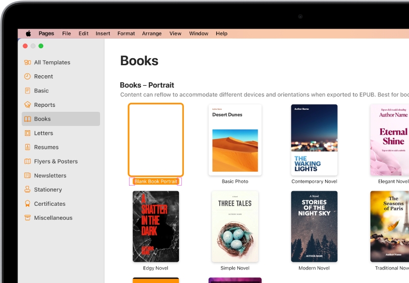 The template chooser with Books selected in the category list on the left and book templates in portrait orientation on the right.