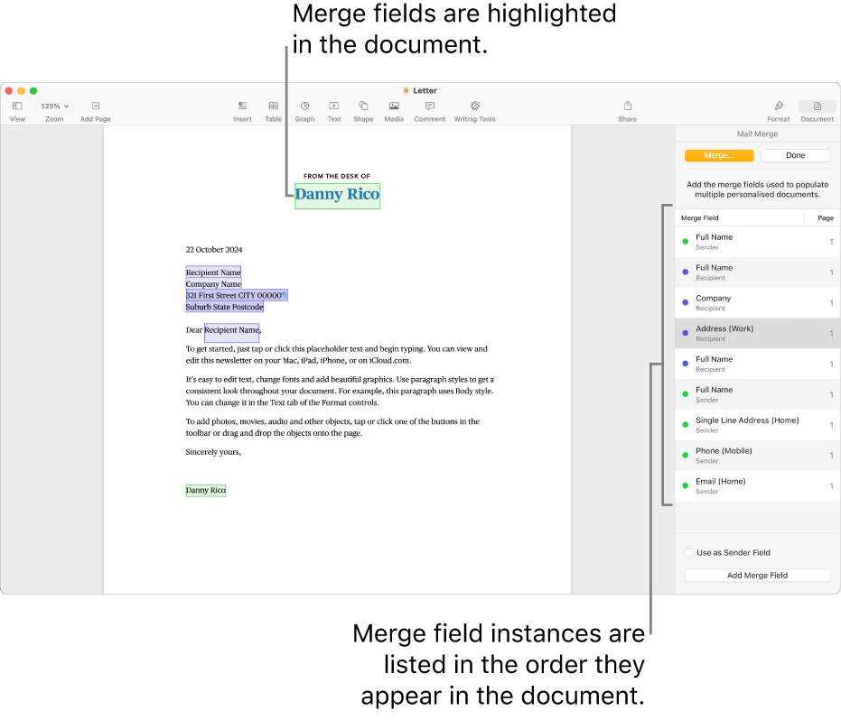 Pages document with recipient and sender merge fields, and the merge field instances list visible in the Document sidebar.