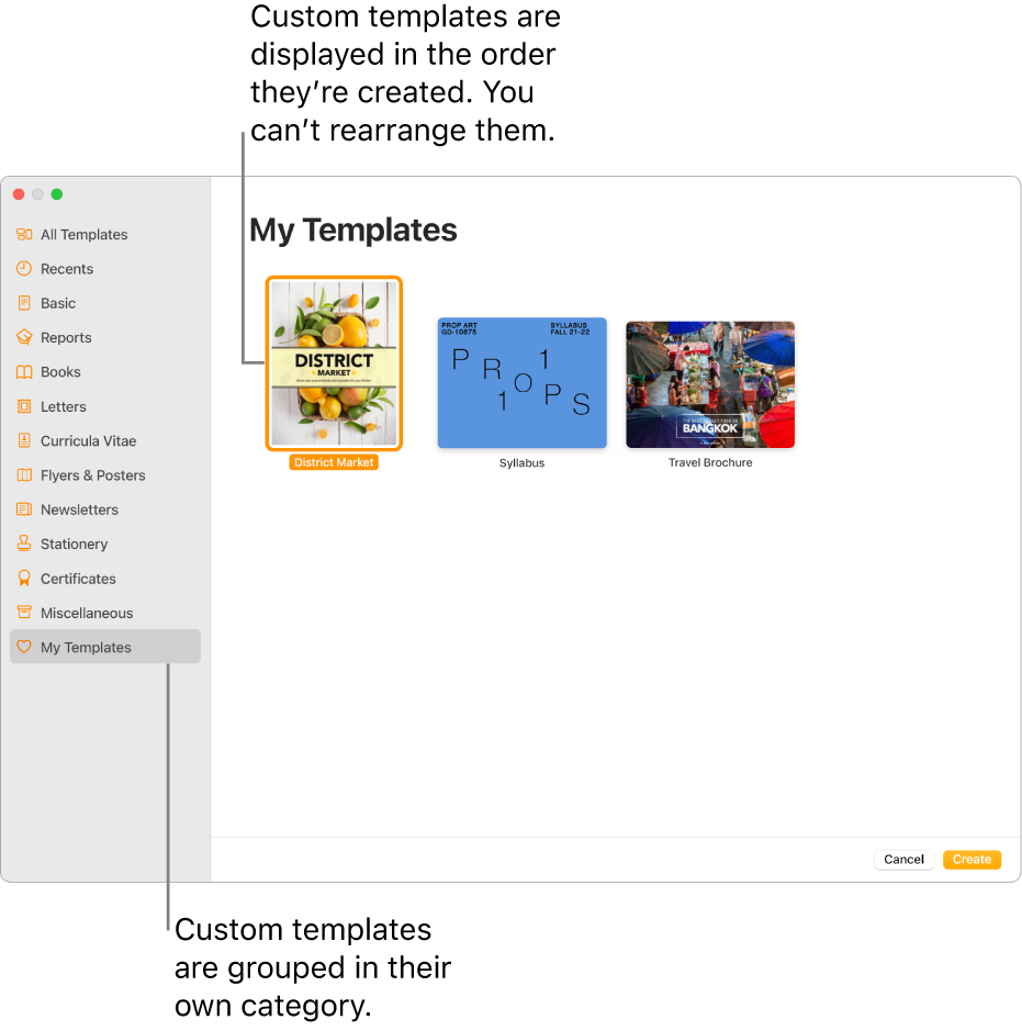 The template chooser with My Templates as the last category on the left. Custom templates are displayed in the order they are created and can’t be rearranged.