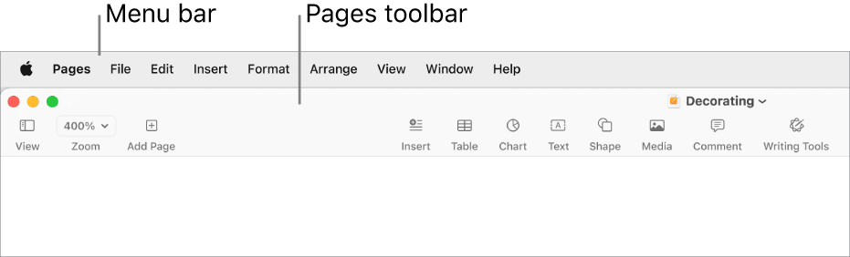 The menu bar at the top of the screen with Apple, Pages, File, Edit, Insert, Format, Arrange, View, Window and Help menus. Below the menu bar is an open Pages document with toolbar buttons across the top for View, Zoom, Add Page, Insert, Table, Chart, Text, Shape, Media, Comment, Share and Format.