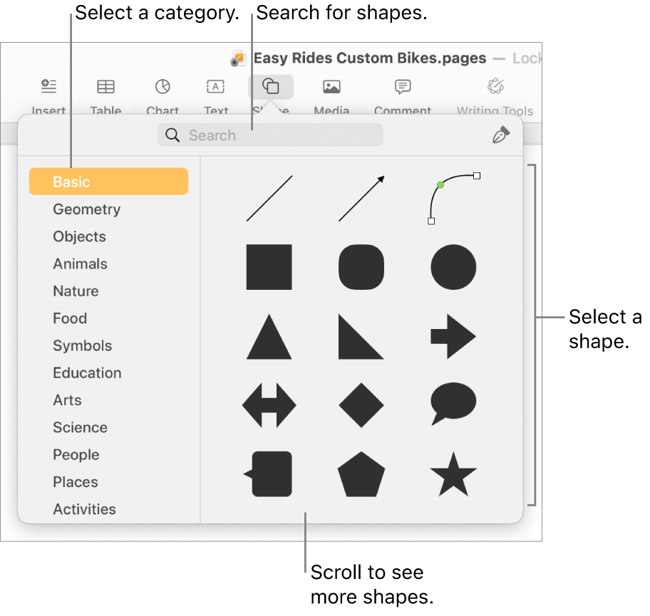 The shapes library, with categories listed on the left and shapes displayed on the right. You can use the search field at the top to find shapes and scroll to see more.