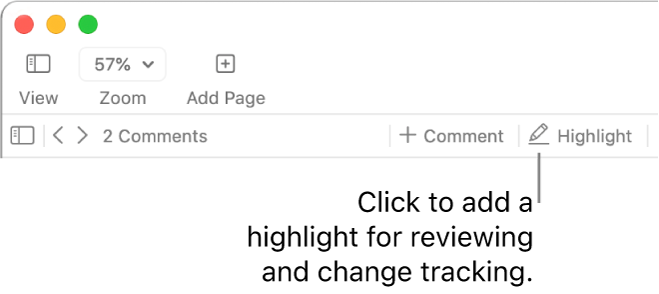 The menu bar showing the Insert menu and below it, the Pages toolbar with review tools showing and a callout to the Highlight button.