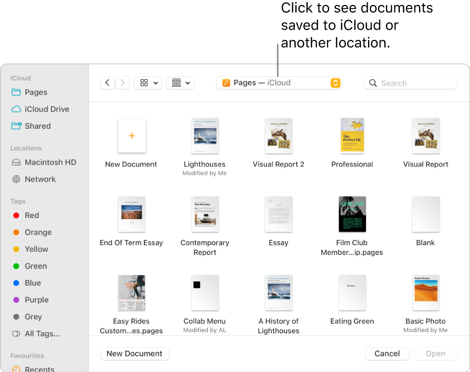 The Open dialogue with the sidebar open on the left and iCloud Drive selected in the pop-up menu at the top. Folders for Keynote, Numbers and Pages appear in the dialogue, along with a New Document button.