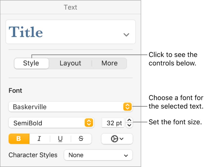 Text controls in the Style section of the Format sidebar for setting font and font size.