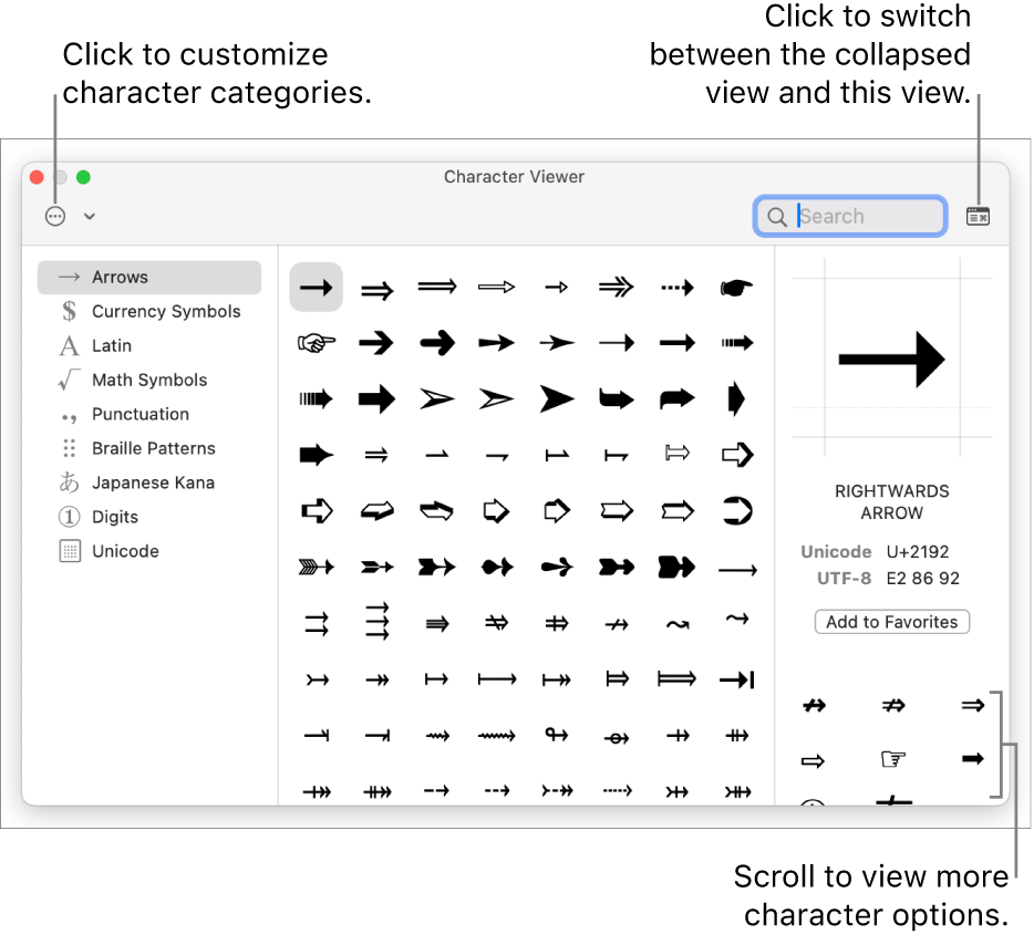 The expanded Character Viewer showing special characters and symbols, a menu for different categories of symbols on the left, and a button in the top-right corner that allows you to return to the collapsed view.