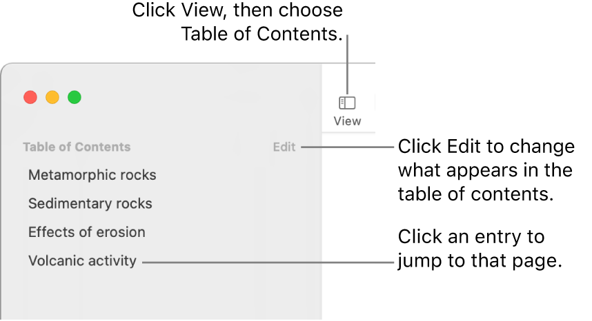 The table of contents on the left side of the Pages window with an Edit button at the top-right corner of the sidebar and table of contents entries in a list.