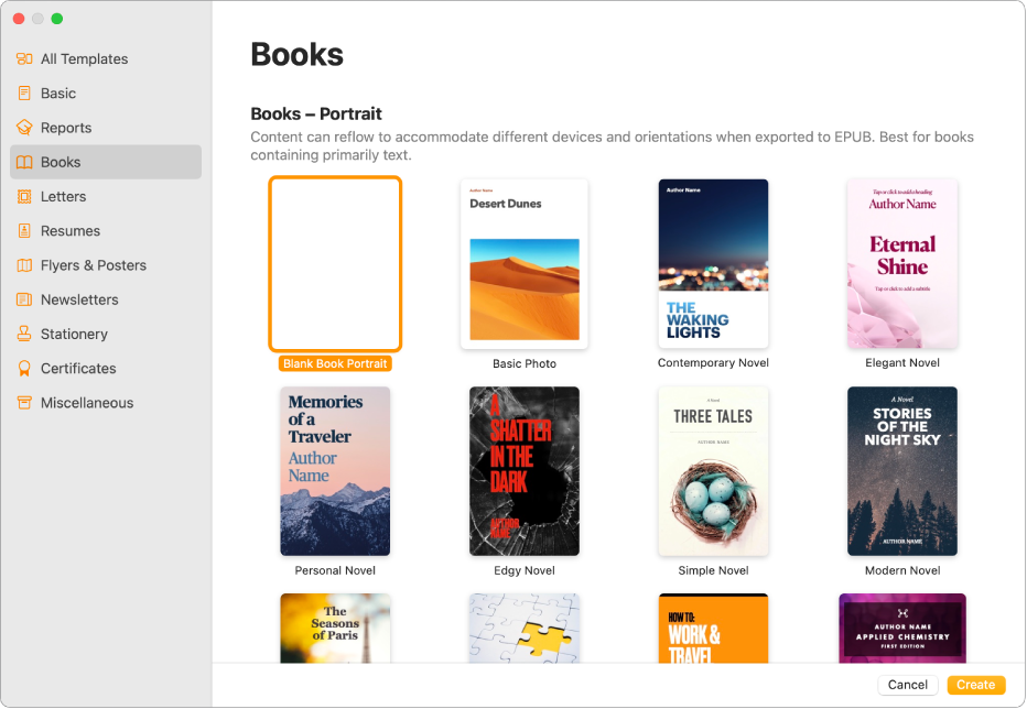 The template chooser with Books selected in the category list on the left, and book templates in portrait orientation on the right.