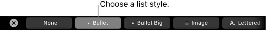 The MacBook Pro Touch Bar with controls for choosing a list style.