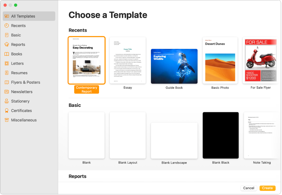 The template chooser. A sidebar on the left lists template categories you can click to filter options. On the right are thumbnails of predesigned templates arranged in rows by category. The Cancel and Create buttons are in the bottom-right corner.