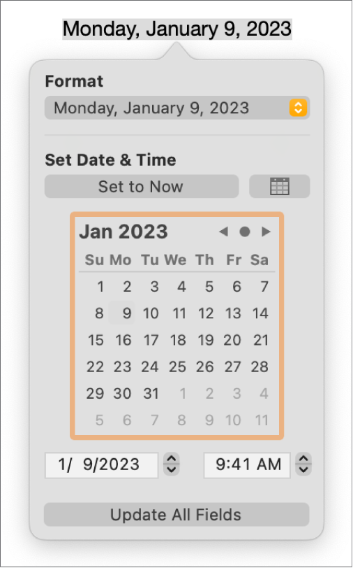 The Date & Time controls showing a pop-up menu for Format, and the Set Date & Time controls.