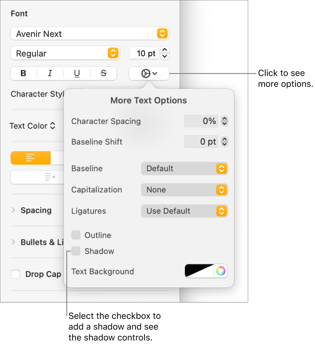 The Advanced Options menu open with the Shadows checkbox selected and controls for setting blur, offset, opacity, angle, and color.