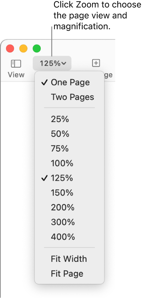 The Zoom pop-up menu with options to view one page and two pages at the top, percentages ranging from 25% through 400% below, and Fit Width and Fit Page at the bottom.