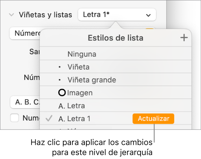 El menú desplegable Estilos de lista con el botón Actualizar junto al nombre del nuevo estilo.