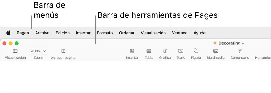 La barra de menús en la parte superior de la pantalla con los menús Apple, Pages, Archivo, Edición, Insertar, Formato, Ordenar, Visualización, Compartir, Ventana y Ayuda. Debajo de la barra de menús se encuentra un documento de Pages abierto con botones de la barra de herramientas a lo largo de la parte superior, con las opciones Visualización, Zoom, Agregar página, Insertar, Tabla, Gráfica, Texto, Figura, Contenido y Comentarios.