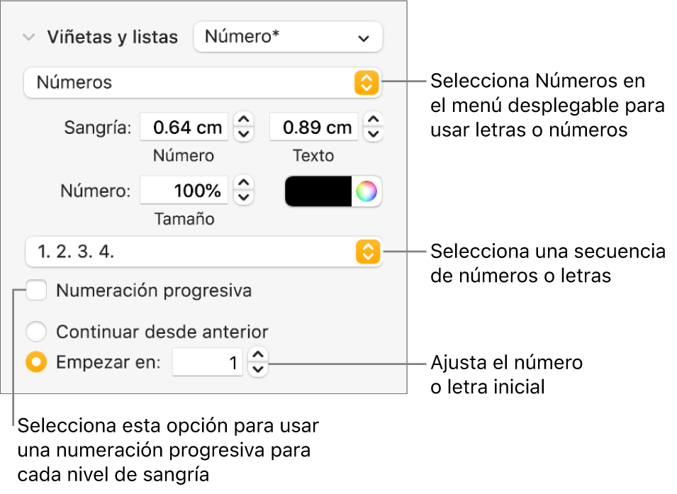 Controles para cambiar el estilo de numeración y el espaciado de una lista.