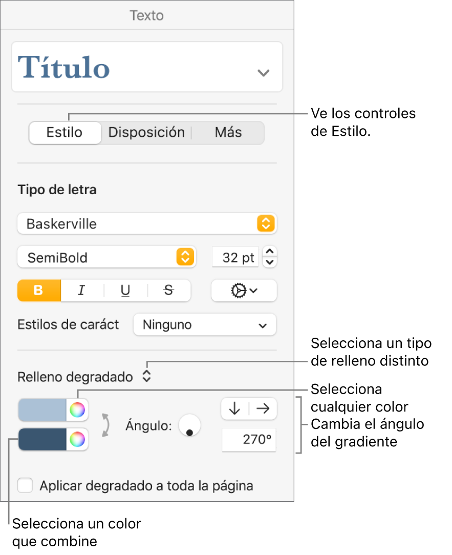 Controles para seleccionar colores prediseñados o cualquier color.