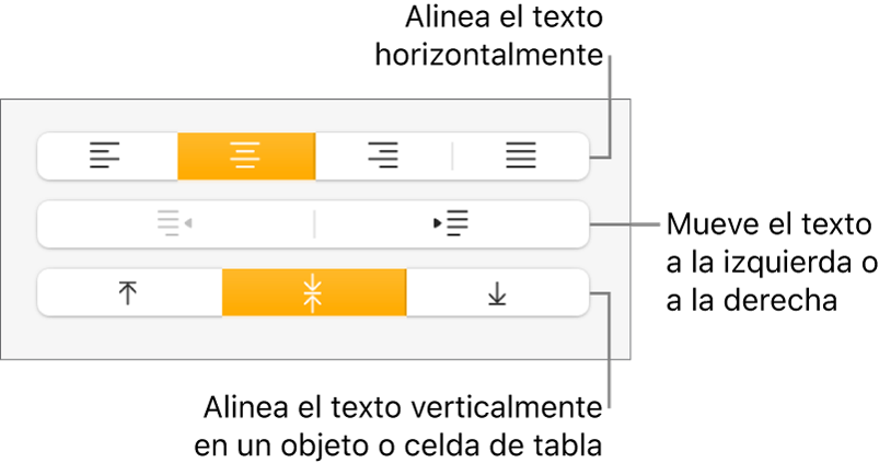 Sección Alineación del inspector de formato con botones para alinear el texto horizontal y verticalmente y botones para mover el texto a la izquierda o a la derecha.