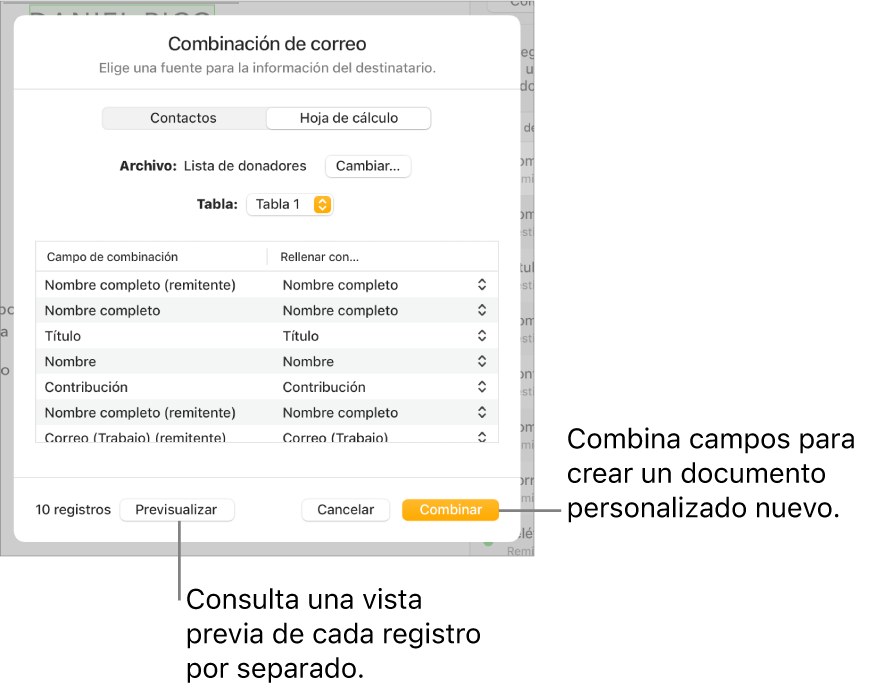 Panel Combinación de correo abierto, con opciones para cambiar el archivo o la tabla de origen, previsualizar los nombres de los campos de combinación o los registros individuales, o combinar el documento.